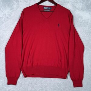 Polo Ralph Lauren Sweater‎ Mens Large Red V Neck 100% Merino Wool Pullover